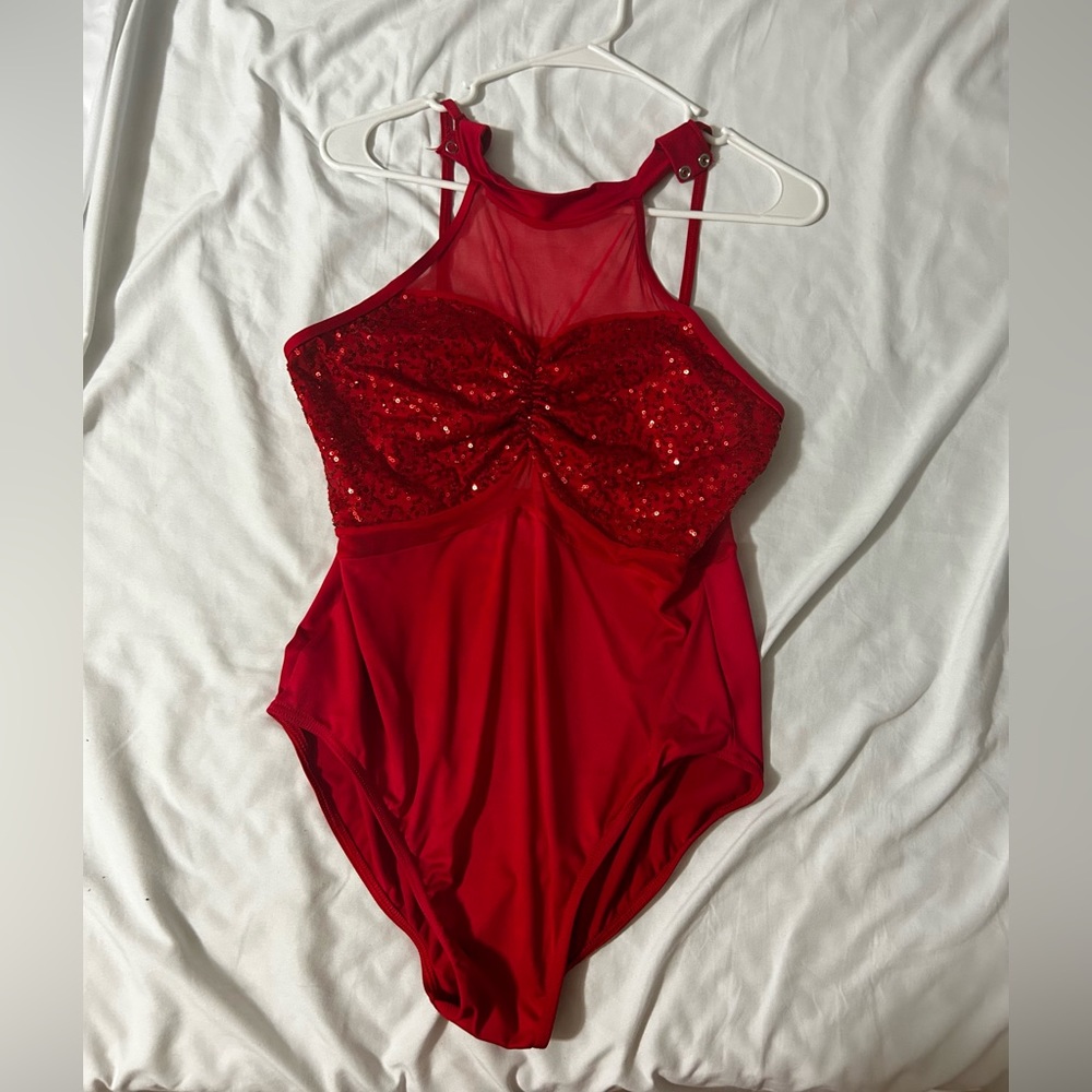 Red Dance Holiday Recital Sequin Leotard Costume with Mesh